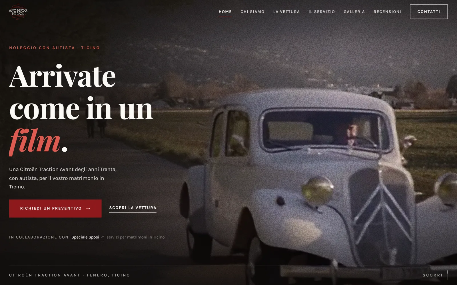 Auto d'Epoca per Sposi: the website’s home page on desktop