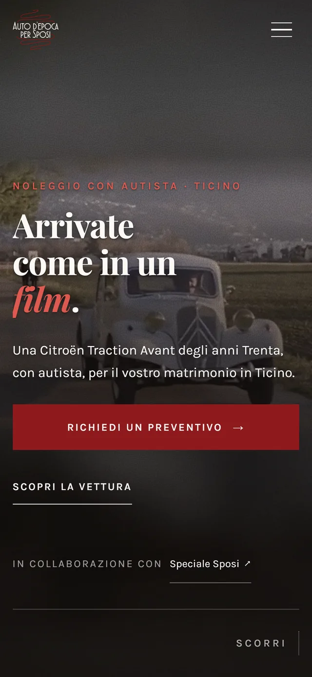 Auto d'Epoca per Sposi: the website on mobile