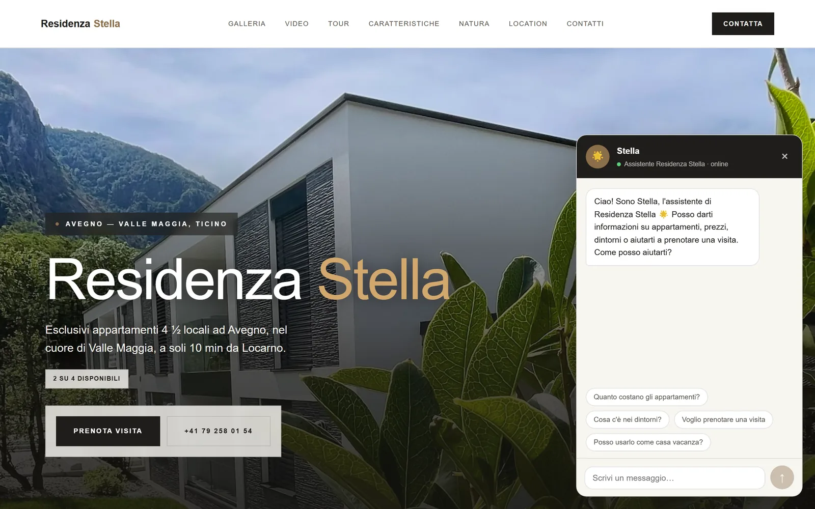 Residenza Stella: the real website with the Stella chatbot open